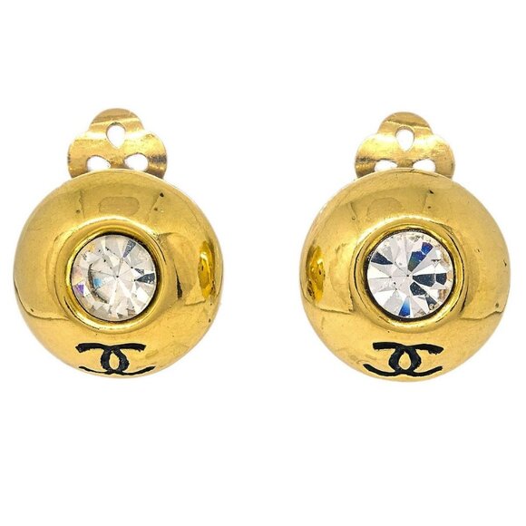 Chanel Gold Button Earrings Clip-On Rhinestone - Picture 1 of 4